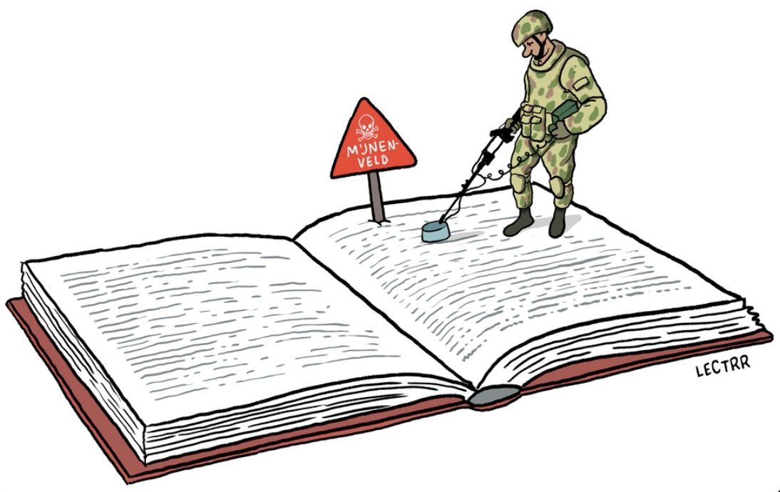 Cartoon: Soldat mit Metalldetektor durchsucht ein aufgeschlagenes Buch, rotes Warnschild "Mijnenveld".